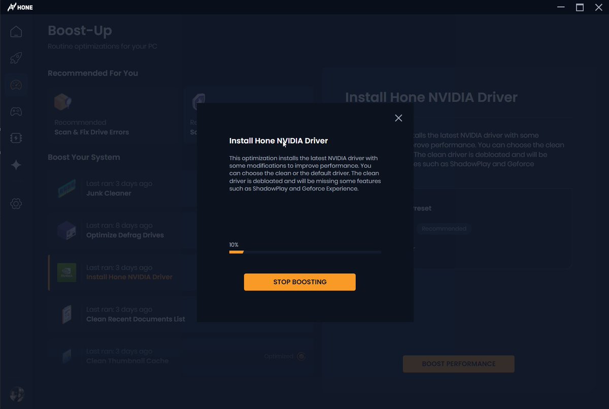 HONE (@gethonegg) on Twitter photo SCOREBOARD! 🏟️
Hone just released its BIGGEST update in a while! Hone your PC better than ever! 🧰
Here’s a brief list of some of the new things we’ve brought into Hone.
•New NVIDIA Driver Boost-Up: Update your driver and choose between a clean debloated install or a default SCOREBOARD! 🏟️
Hone just released its BIGGEST update in a while! Hone your PC better than ever! 🧰
Here’s a brief list of some of the new things we’ve brought into Hone.
•New NVIDIA Driver Boost-Up: Update your driver and choose between a clean debloated install or a default