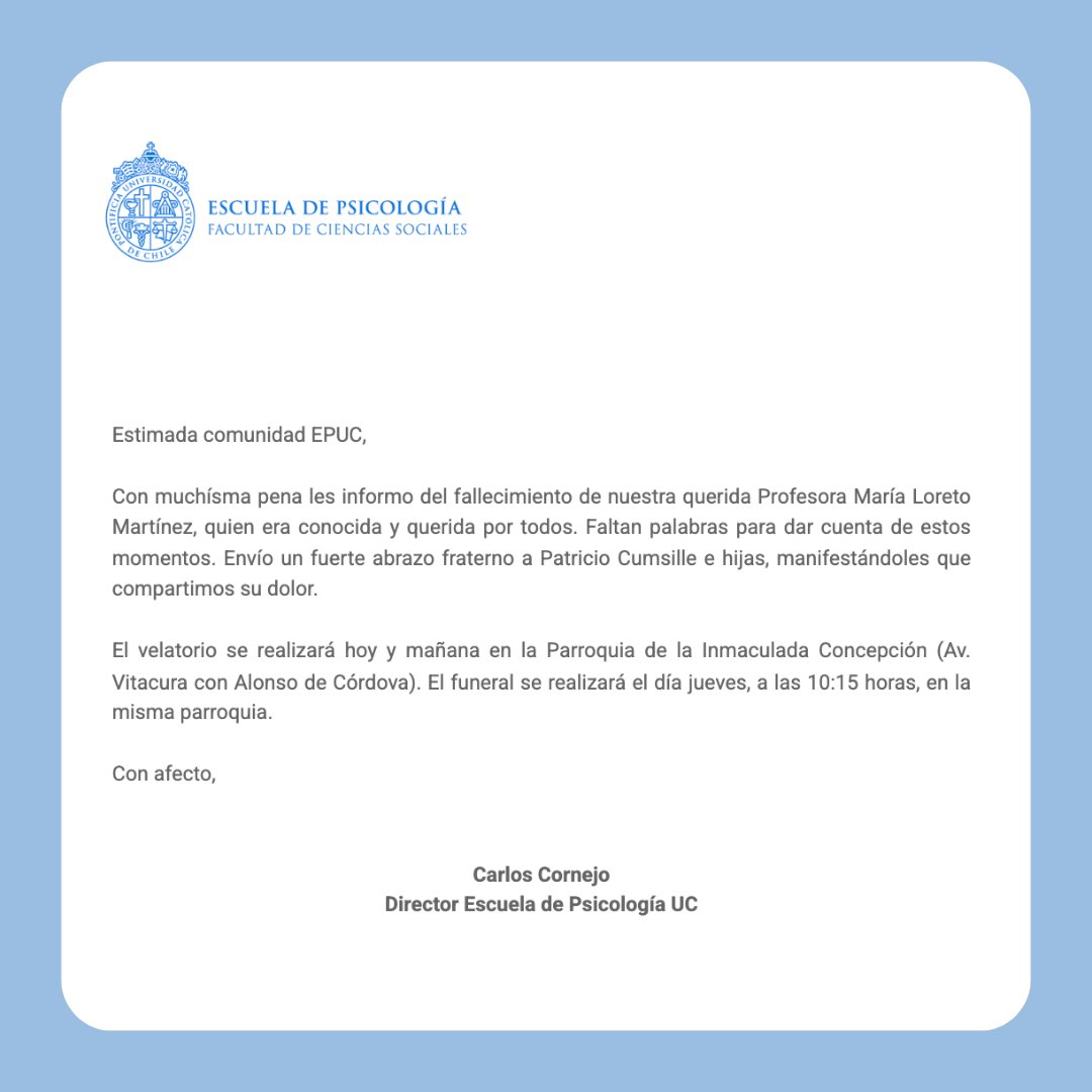 Psicología UC (@psicologia_uc) on Twitter photo Estimada comunidad EPUC,
Con muchísima pena informamos el fallecimiento de nuestra querida Profesora María Loreto Martínez. Enviamos un fuerte abrazo a Patricio Cumsille e hijas. Compartimos su dolor en este difícil momento🌹
<a href="/ucatolica/">Universidad Católica</a> <a href="/PentaUc/">PentaUC</a> <a href="/socialesuc/">Facultad de Ciencias #SocialesUC</a> Estimada comunidad EPUC,
Con muchísima pena informamos el fallecimiento de nuestra querida Profesora María Loreto Martínez. Enviamos un fuerte abrazo a Patricio Cumsille e hijas. Compartimos su dolor en este difícil momento🌹
<a href="/ucatolica/">Universidad Católica</a> <a href="/PentaUc/">PentaUC</a> <a href="/socialesuc/">Facultad de Ciencias #SocialesUC</a>