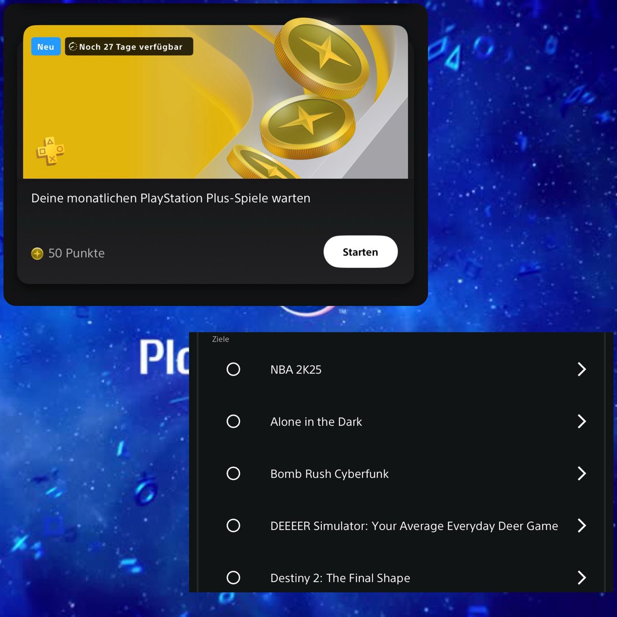 psstarsger's tweet photo. 1 neue #PSStars Kampagne ist heute gestartet:

Die monatlichen #PlayStation Plus-Spiele warten
-Belohnung: 50 PS Stars Punkte
-Dauer: 27 Tage
-Bedienung: Spielt eines der neuen monatlichen #PSPlus Spiele, um die Punkte zu erhalten. https://t.co/j1KXcLqF8Q