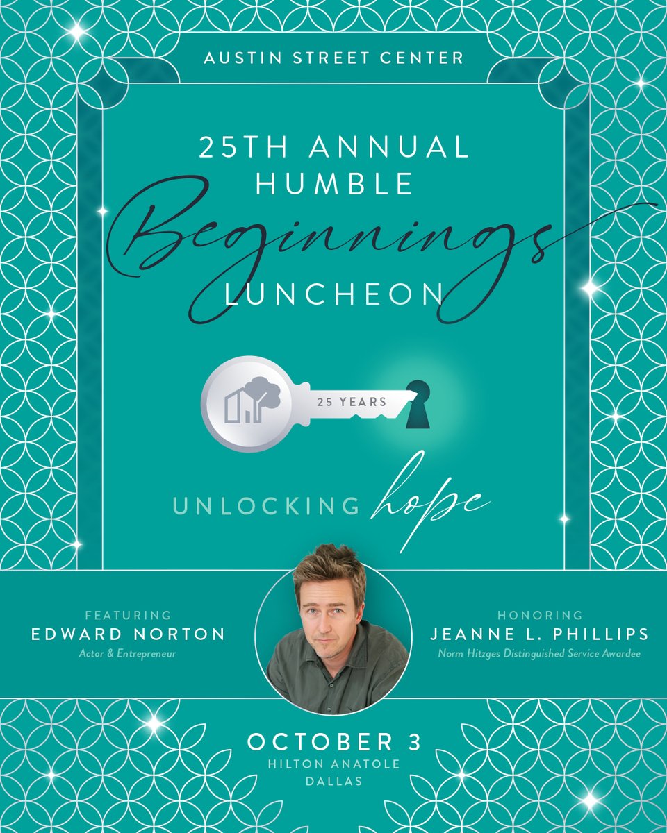 Save the Date for our Humble Beginnings Luncheon on 10/3/25 featuring actor and entrepreneur, Edward Norton, as keynote speaker and honoring Jeanne L. Phillips as our Norm Hitzges Distinguished Service Awardee 🗓️🗝️🫶🏽

Tickets &amp; sponsorships available at: austinstreet.org/event/humble-b…