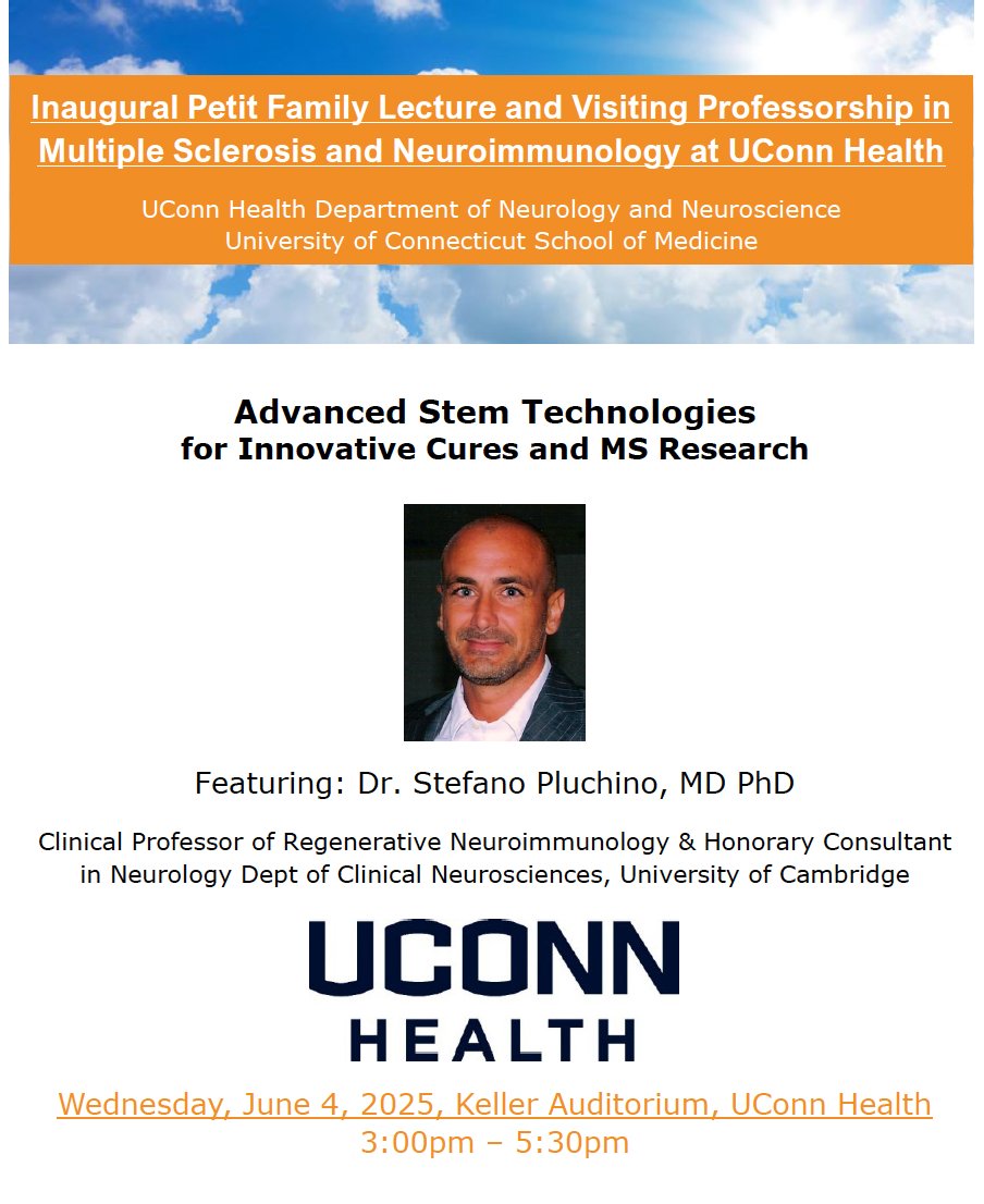 We are excited to welcome at <a href="/uconnhealth/">UConn Health</a> Dr <a href="/Pluchinolab/">Pluchino lab - Regenerative Neuroimmunology</a> to be our Inaugural Petit Family Visiting professor and Distinguished lecturer in #MS and #Neuroimmunology in #Farmington , #MS #progression #stem #cells  <a href="/ISNI_neuro/">ISNI-The International Society of Neuroimmunology</a> <a href="/mssociety/">National MS Society</a>