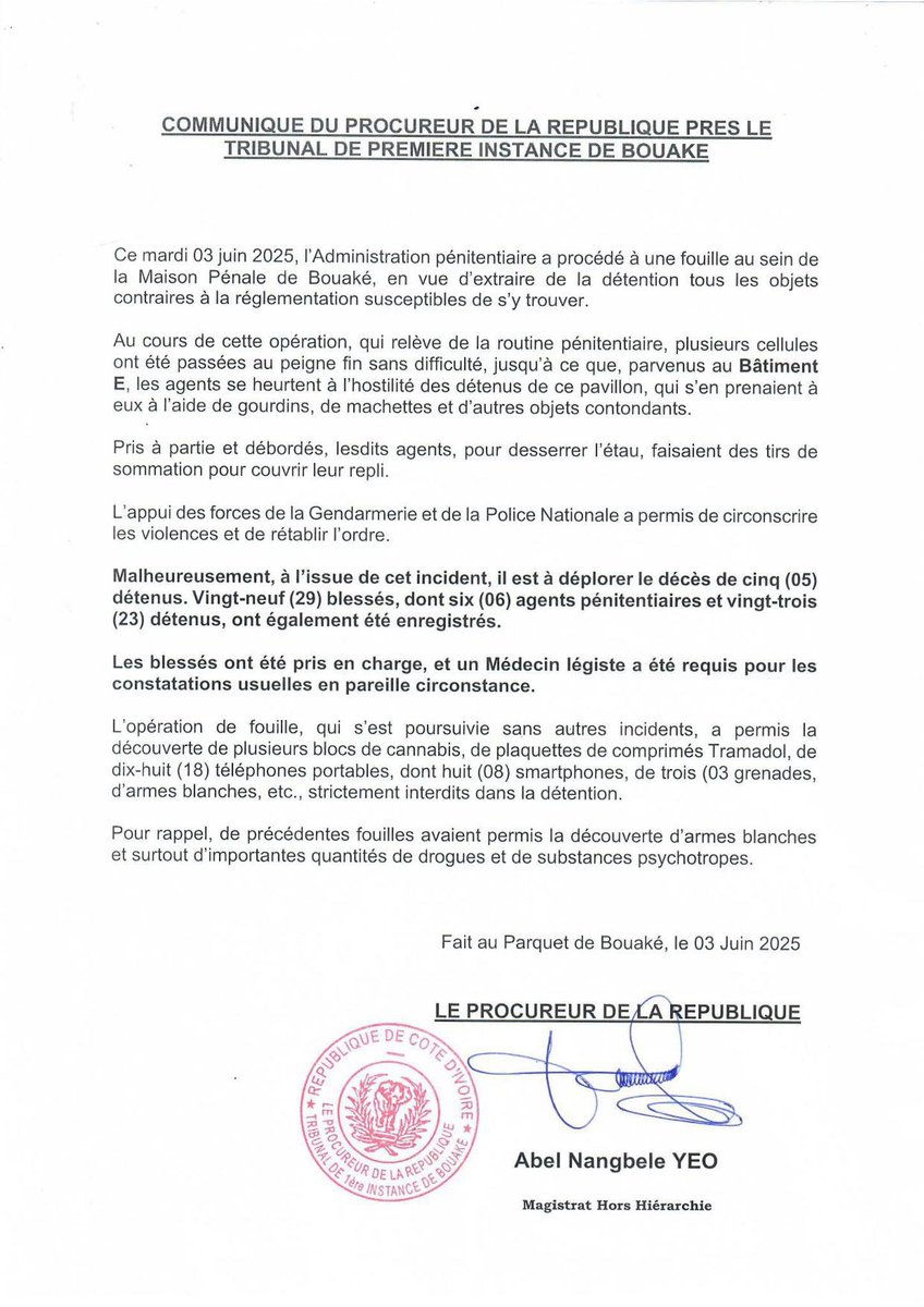 5 décès et 29 blessés au bâtiment E de la Maison Pénale de Bouaké lors d’une opération de routine
