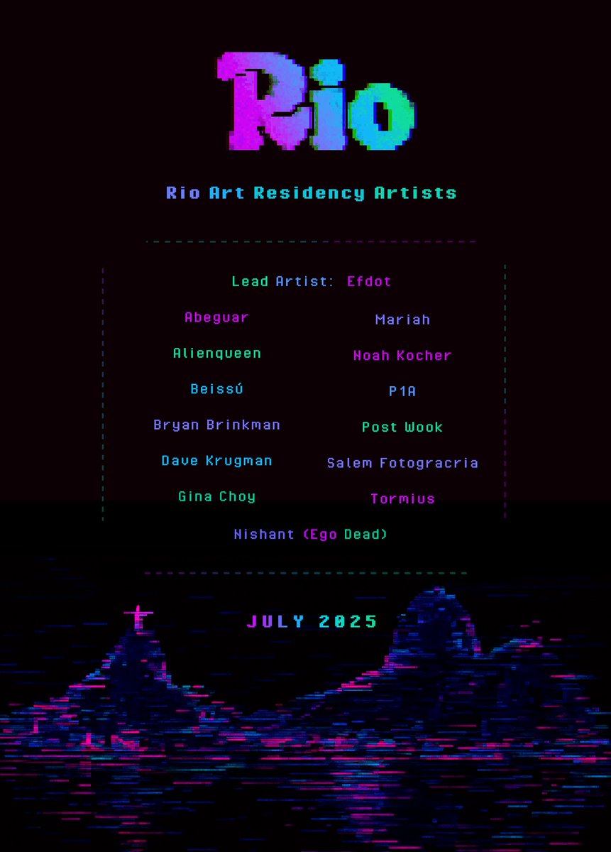 Efdot β° (@efdotstudio) on Twitter photo Just announced !!
Meet the 2025 <a href="/rioartresidency/">Rio Art Residency</a> Artist lineup
πͺπ¦π©πͺπ¦π©
<a href="/oabeguar/">Abeguar</a>
<a href="/ALIENQUEENNFT/">ALIENQUEEN</a>
<a href="/0xBEISSU/">BEISSΓ</a>
<a href="/bryanbrinkman/">Bryan Brinkman</a>
<a href="/dave_krugman/">Dave π π π</a>
<a href="/GinaChoy_/">Gina Choy</a>
<a href="/0xVestica/">Mariah π</a>
<a href="/egodead/">nishant</a>
<a href="/nolankosher/">Noah Kocher</a>
<a href="/P1AbyPIA/">P1A</a>
<a href="/POSTWOOK/">post wook β¨π»</a>
<a href="/fotogracria/">BR aesthetic</a>
<a href="/tormius/">tormius πΊ</a> Just announced !!
Meet the 2025 <a href="/rioartresidency/">Rio Art Residency</a> Artist lineup
πͺπ¦π©πͺπ¦π©
<a href="/oabeguar/">Abeguar</a>
<a href="/ALIENQUEENNFT/">ALIENQUEEN</a>
<a href="/0xBEISSU/">BEISSΓ</a>
<a href="/bryanbrinkman/">Bryan Brinkman</a>
<a href="/dave_krugman/">Dave π π π</a>
<a href="/GinaChoy_/">Gina Choy</a>
<a href="/0xVestica/">Mariah π</a>
<a href="/egodead/">nishant</a>
<a href="/nolankosher/">Noah Kocher</a>
<a href="/P1AbyPIA/">P1A</a>
<a href="/POSTWOOK/">post wook β¨π»</a>
<a href="/fotogracria/">BR aesthetic</a>
<a href="/tormius/">tormius πΊ</a>