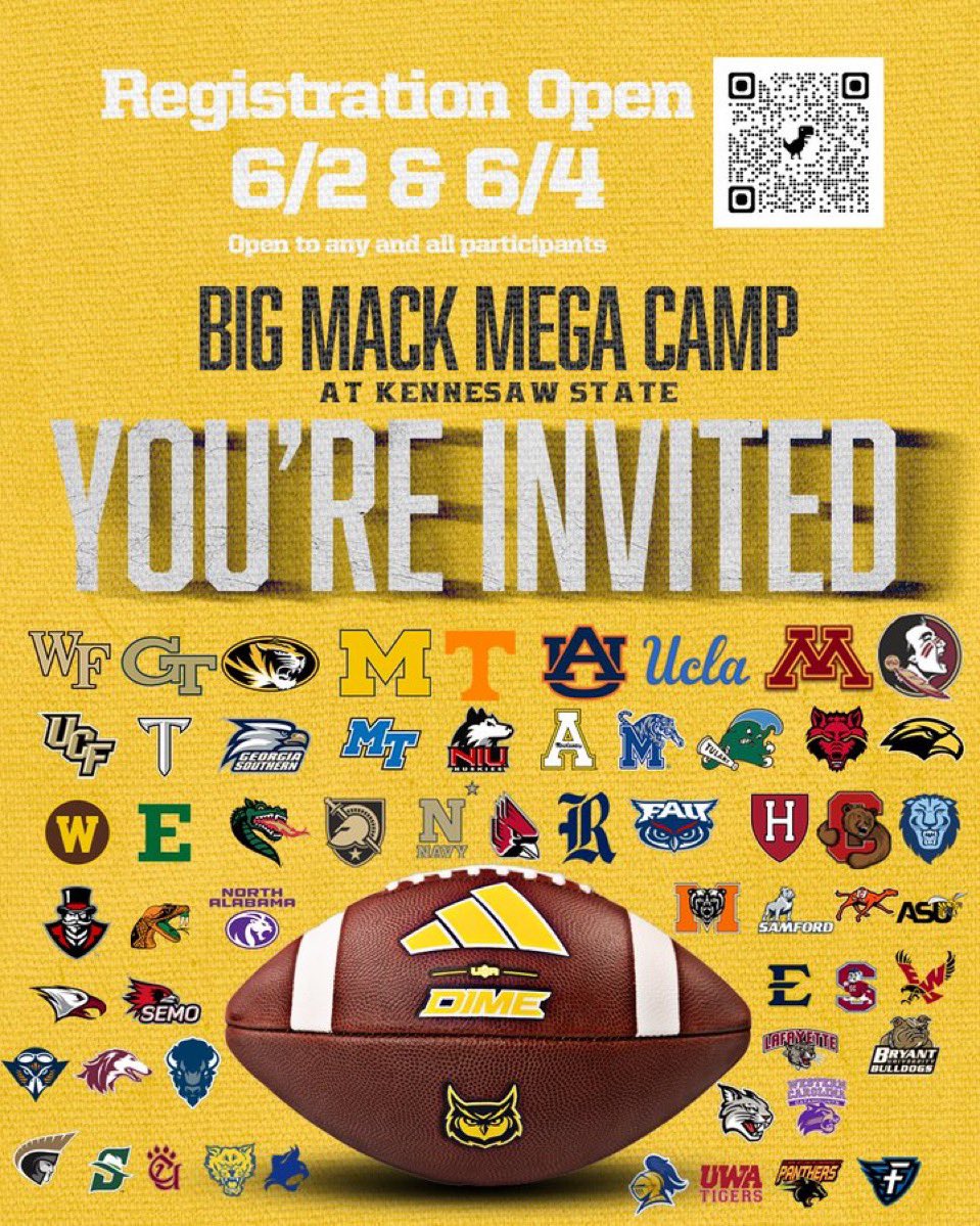 I will be attending the Big Mack Mega Camp tomorrow. Session 5: 11am-12pm. 
<a href="/RecruitDevils/">Central Football</a> <a href="/kennesawstfb/">Kennesaw State Football</a> <a href="/KSUFBRecruiting/">Kennesaw State Football Recruiting</a> <a href="/CoachMack_KSU/">CoachMack_KSU</a> <a href="/Coach_Blocker/">Kyle Blocker</a> <a href="/AL7AFootball/">Alabama7AFootball</a>