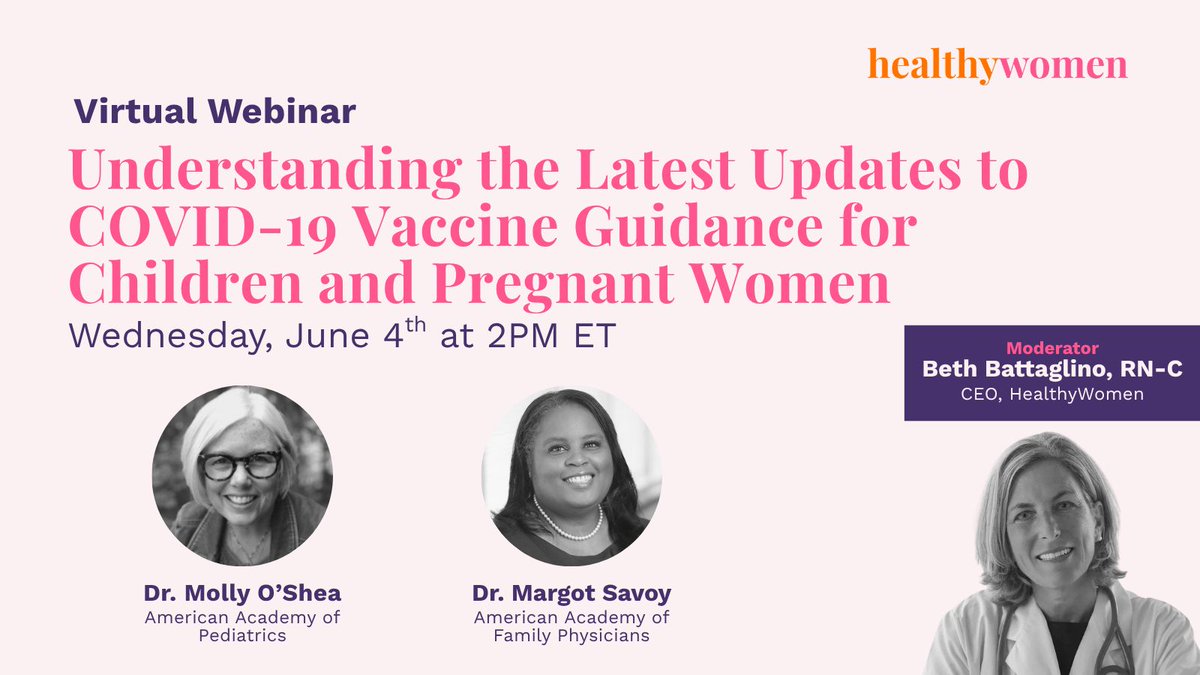 MargotSavoy's tweet image. 🔔 Webinar tomorrow! I’m excited to join leading experts in a HealthyWomen webinar on June 4th at 2 p.m. ET to weigh in on the latest updates to #COVID19 vaccine guidance for children and pregnant women. Register now: bit.ly/3HlAX90