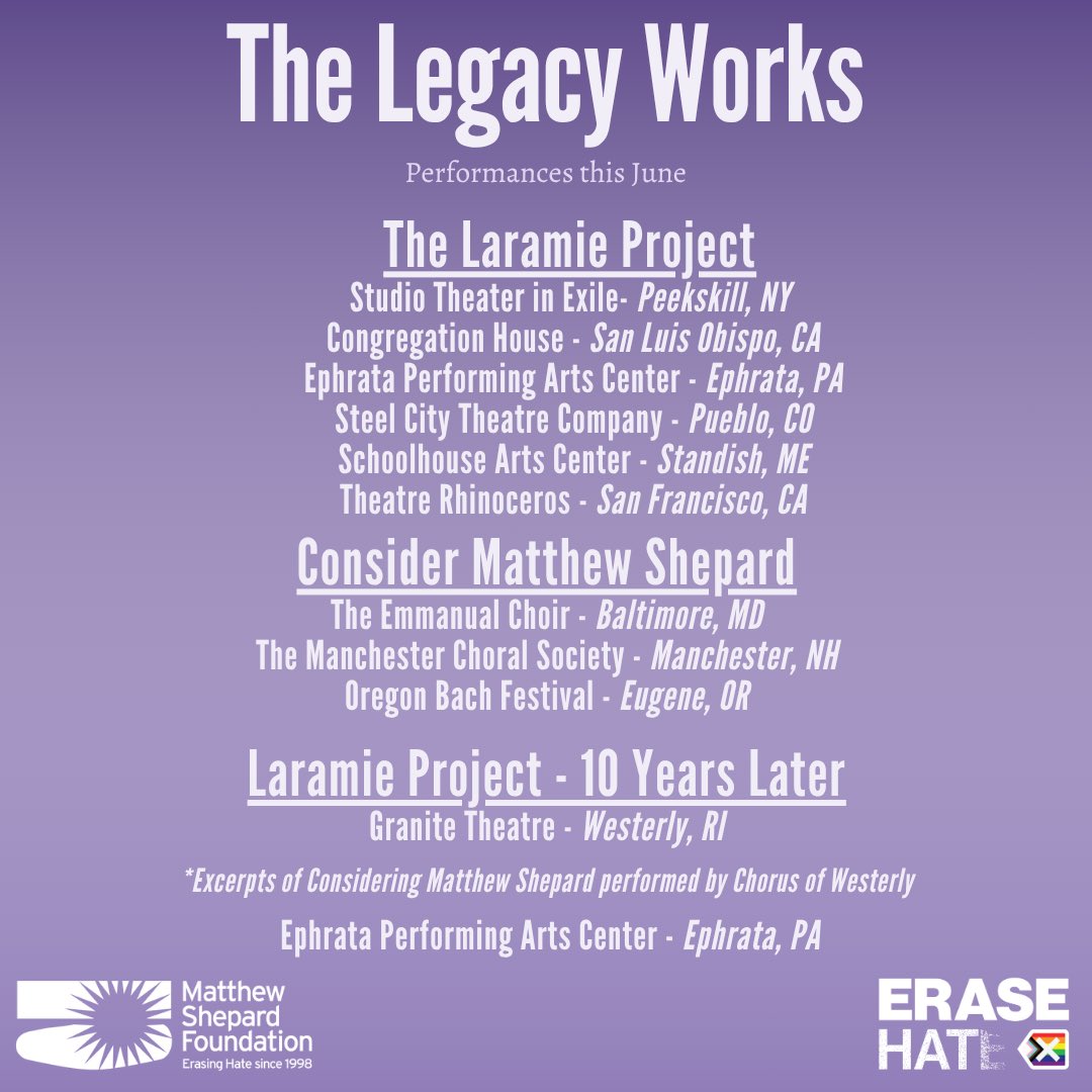 Please join us in celebrating the local artists and communities raising their voices to share Matthew’s story in June.

To request resources for your production, please visit the Legacy Works link in our bio.

#erasehate #thelaramieproject #consideringmatthewshepard