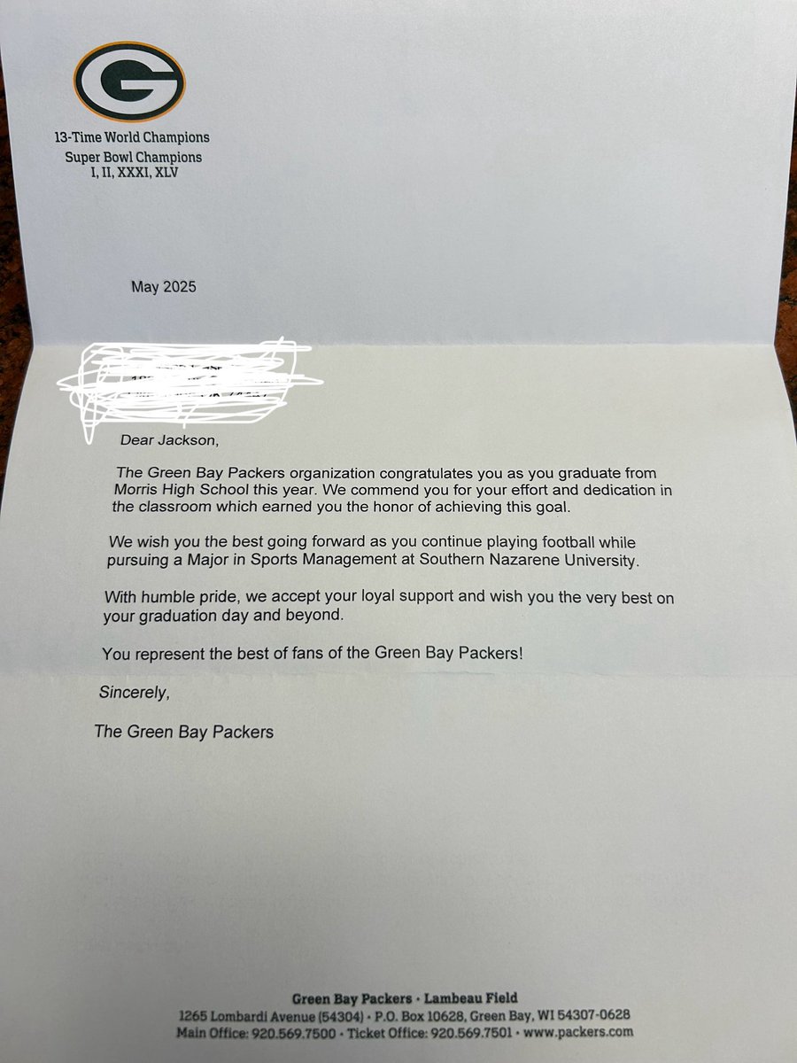 JacksonICasey's tweet photo. This is how The Pack treats their fans and owners. Thank you so much for the kind and thoughtful letter ⁦@packers⁩   Go Pack Go https://t.co/McogfDcKtp