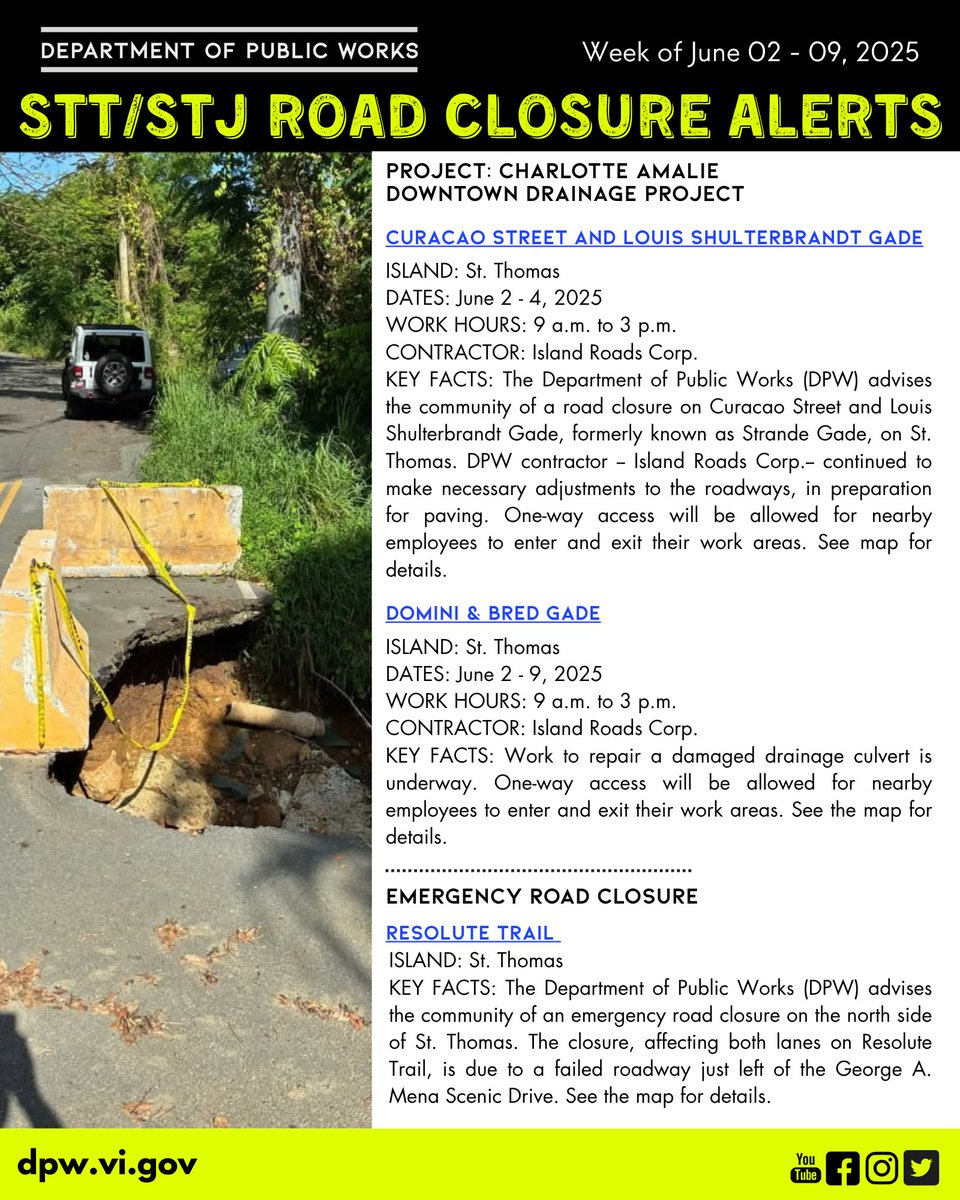 Residents are urged to exercise caution in the following areas this week.