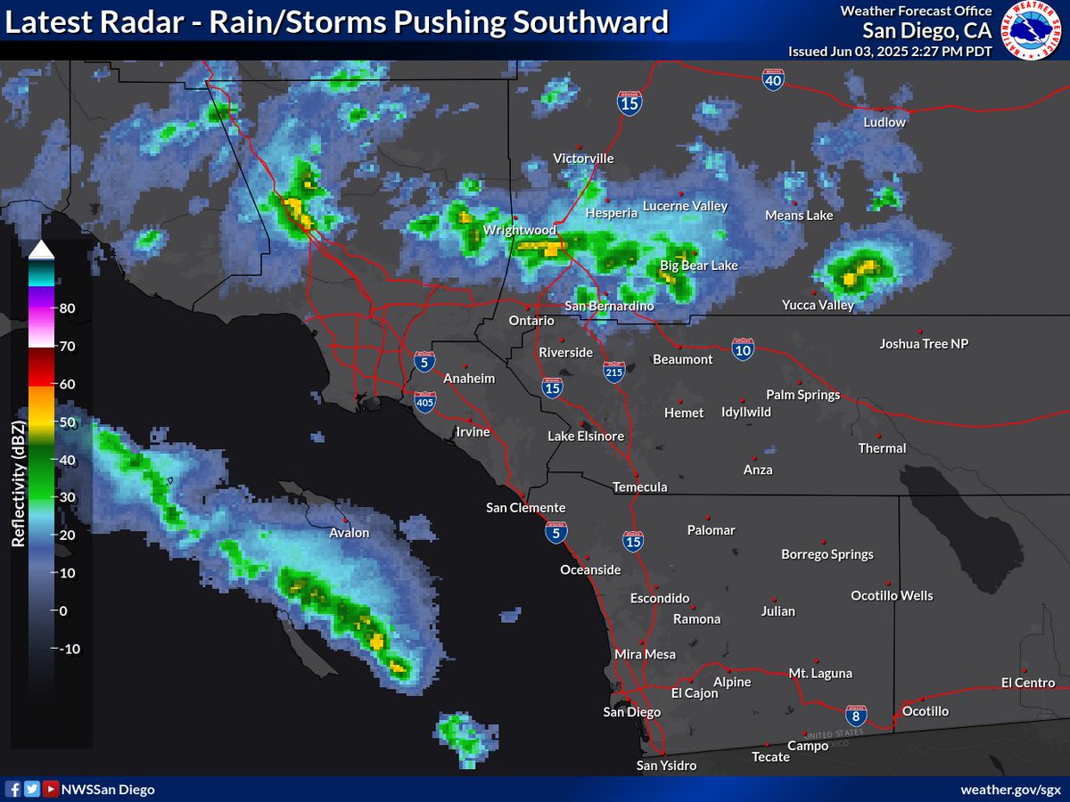 What have you been seeing out there? 🤔⛈️

Showers and storms across the San Bernardino Co mts are starting to push southward into the Inland Empire, leading to isolated activity for SoCal through tonight. #CAwx