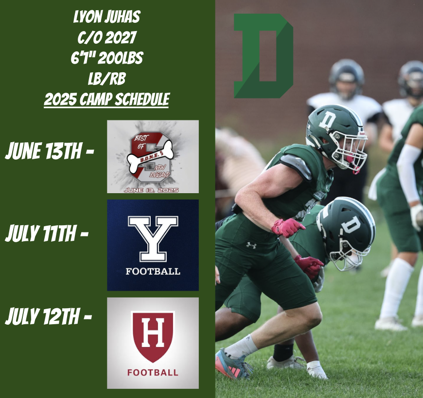 Peter Lyon Juhas Jr ‘27 🌟 (@lyonjuhas66) on Twitter photo Summer Camp Schedule. So pumped to go out and compete! 🏈💪
<a href="/DABigGreenFB/">Deerfield Academy Football</a> <a href="/bbarbato53/">Brian Barbato</a> <a href="/2025BONECAMP/">Best of New England</a> <a href="/yalefootball/">Yale Football</a> <a href="/CoachRenoYale/">Tony Reno</a> <a href="/coach_smcgowan/">Sean McGowan</a> <a href="/ChrisBergeski/">Chris Bergeski</a> <a href="/HarvardFootball/">Harvard Football</a> <a href="/Coach_Aurich/">Andrew Aurich</a> <a href="/Coach_Joel_Lamb/">Joel Lamb</a> <a href="/ScottLarkee/">Scott Larkee</a> <a href="/CoachFalaki/">Kevin Falaki</a> <a href="/MichaelWoosley/">Coach Mike, PrepStar SW</a> <a href="/ScoutingNE/">Coach Silva</a> Summer Camp Schedule. So pumped to go out and compete! 🏈💪
<a href="/DABigGreenFB/">Deerfield Academy Football</a> <a href="/bbarbato53/">Brian Barbato</a> <a href="/2025BONECAMP/">Best of New England</a> <a href="/yalefootball/">Yale Football</a> <a href="/CoachRenoYale/">Tony Reno</a> <a href="/coach_smcgowan/">Sean McGowan</a> <a href="/ChrisBergeski/">Chris Bergeski</a> <a href="/HarvardFootball/">Harvard Football</a> <a href="/Coach_Aurich/">Andrew Aurich</a> <a href="/Coach_Joel_Lamb/">Joel Lamb</a> <a href="/ScottLarkee/">Scott Larkee</a> <a href="/CoachFalaki/">Kevin Falaki</a> <a href="/MichaelWoosley/">Coach Mike, PrepStar SW</a> <a href="/ScoutingNE/">Coach Silva</a>