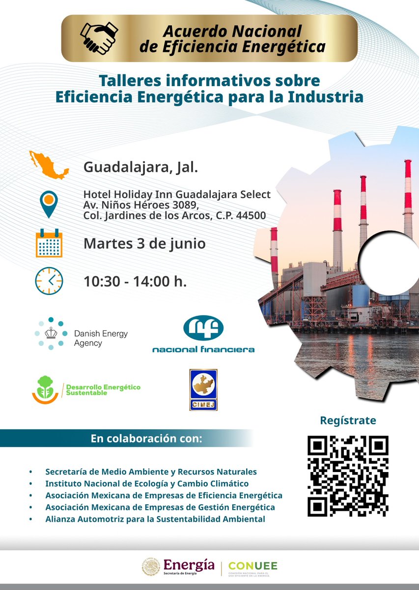 La🟢<a href="/CONUEE_mx/">CONUEE_mx</a> agradece a todos los asistentes del taller "#EficienciaEnergética en la Industria🏭" <a href="/SEDESJALISCO/">Secretaría de Desarrollo Energético Sustentable</a> <a href="/CIMEJ_Colegio/">Colegio de Ingenieros Mecánicos y Electricistas</a> así como a los destacados ponentes👩‍🏫de <a href="/NafinOficial/">Nacional Financiera</a> <a href="/Flexintl/">Flex</a> <a href="/DKAMBinMexico/">Danish Embassy in Mexico</a> 
Esperamos su participación🙋‍♀️🙋‍♂️en la iniciativa #ANEE 🤝