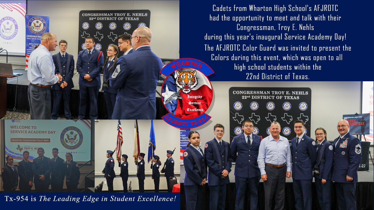 AFJROTC Color Guard had the honor of presenting the Colors for the inaugural Service Academy Day on May 31st.  The event was hosted by Congressman Troy E. Nehls, Congressman for the 22nd District of Texas. Only Wharton's AFJROTC Cadets were active participants in the program.