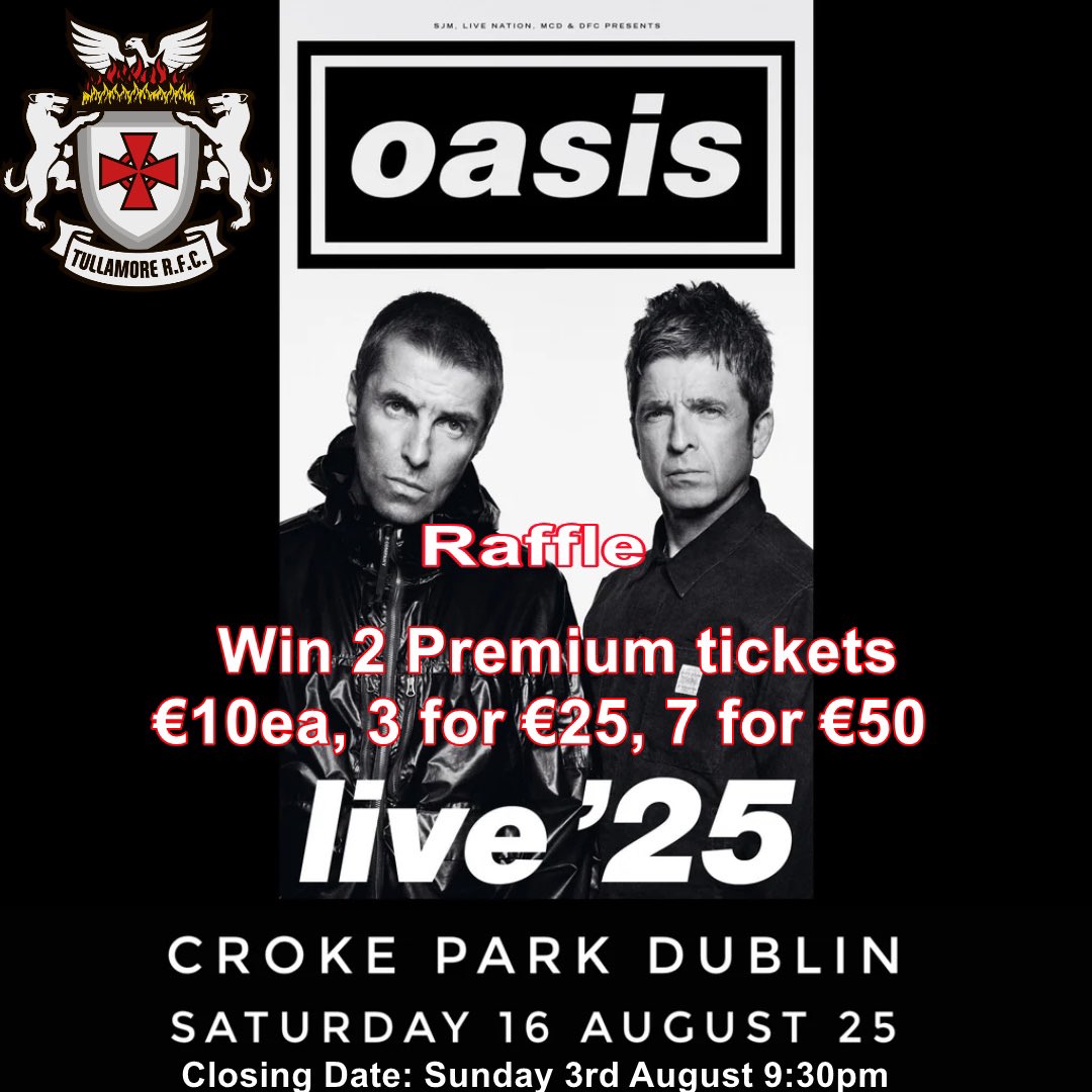 Oasis are BACK👊🏼 and we here in Tullamore RFC are giving you a chance to win two premium level tickets to their SOLD OUT gig in Croke Park Dublin. 

All you have to do,to be in with a chance to win this amazing prize is enter now through our link below👇🏼 
willwego.com/tullamore-rugb…