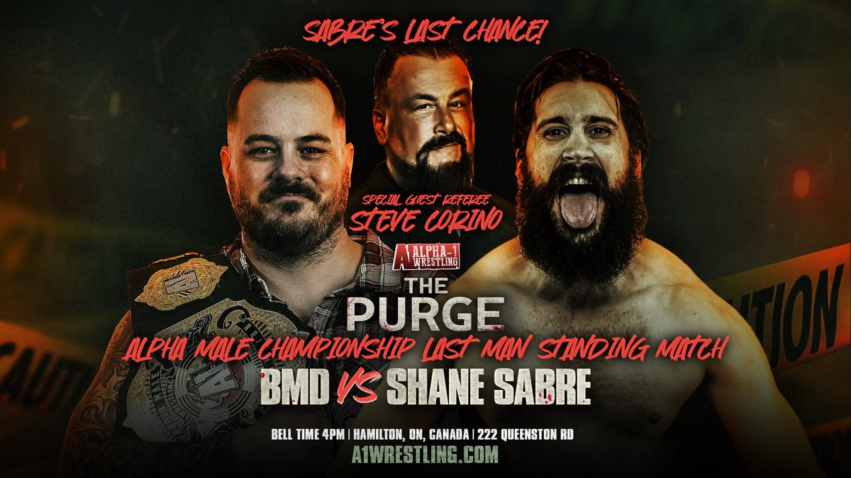 Alpha-1 Wrestling (@a1wrestling) on Twitter photo 🚨MATCH ANNOUNCEMENT🚨
Alpha Male Championship
LAST MAN STANDING
<a href="/bmdbud/">BMD</a> vs <a href="/ShaneSabre/">Shane Sabre</a>
SPECIAL GUEST REFEREE
<a href="/KINGCorino/">Steve Corino</a>
Sabres last chance at the title. Can he finally dethrone BMD? Or will the Alpha Bud stand tall once again?
🎟️: Info on our website
📺: <a href="/HighspotsWN/">Highspots.TV</a> 🚨MATCH ANNOUNCEMENT🚨
Alpha Male Championship
LAST MAN STANDING
<a href="/bmdbud/">BMD</a> vs <a href="/ShaneSabre/">Shane Sabre</a>
SPECIAL GUEST REFEREE
<a href="/KINGCorino/">Steve Corino</a>
Sabres last chance at the title. Can he finally dethrone BMD? Or will the Alpha Bud stand tall once again?
🎟️: Info on our website
📺: <a href="/HighspotsWN/">Highspots.TV</a>