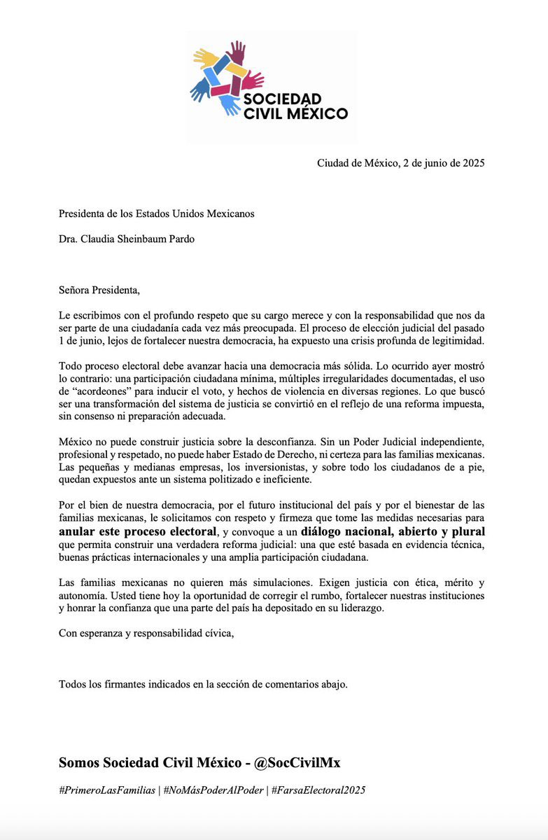 .<a href="/OEA_oficial/">OEA</a> , confiamos que en un acto de sensatez se unan al llamado de la ciudadanía mexicana. 

￼ Exigimos:

￼▶️Anulación del proceso por su falta de legitimidad.
￼▶️Diálogo nacional serio para una reforma judicial auténtica.
￼▶️Justicia con ética, autonomía y
