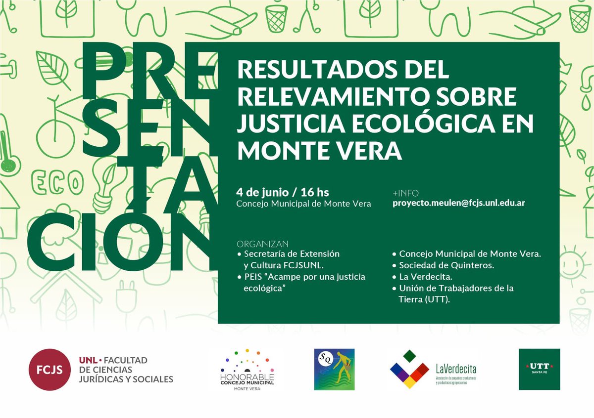 🌎 Presentación de los resultados sobre justicia ecológica en Monte Vera

📆 Se llevará a cabo este miércoles es 4 de junio, a las 16, en el Concejo Municipal de Monte Vera.

ℹ️ Más info: proyecto.meulen@fcjs.unl.edu.ar