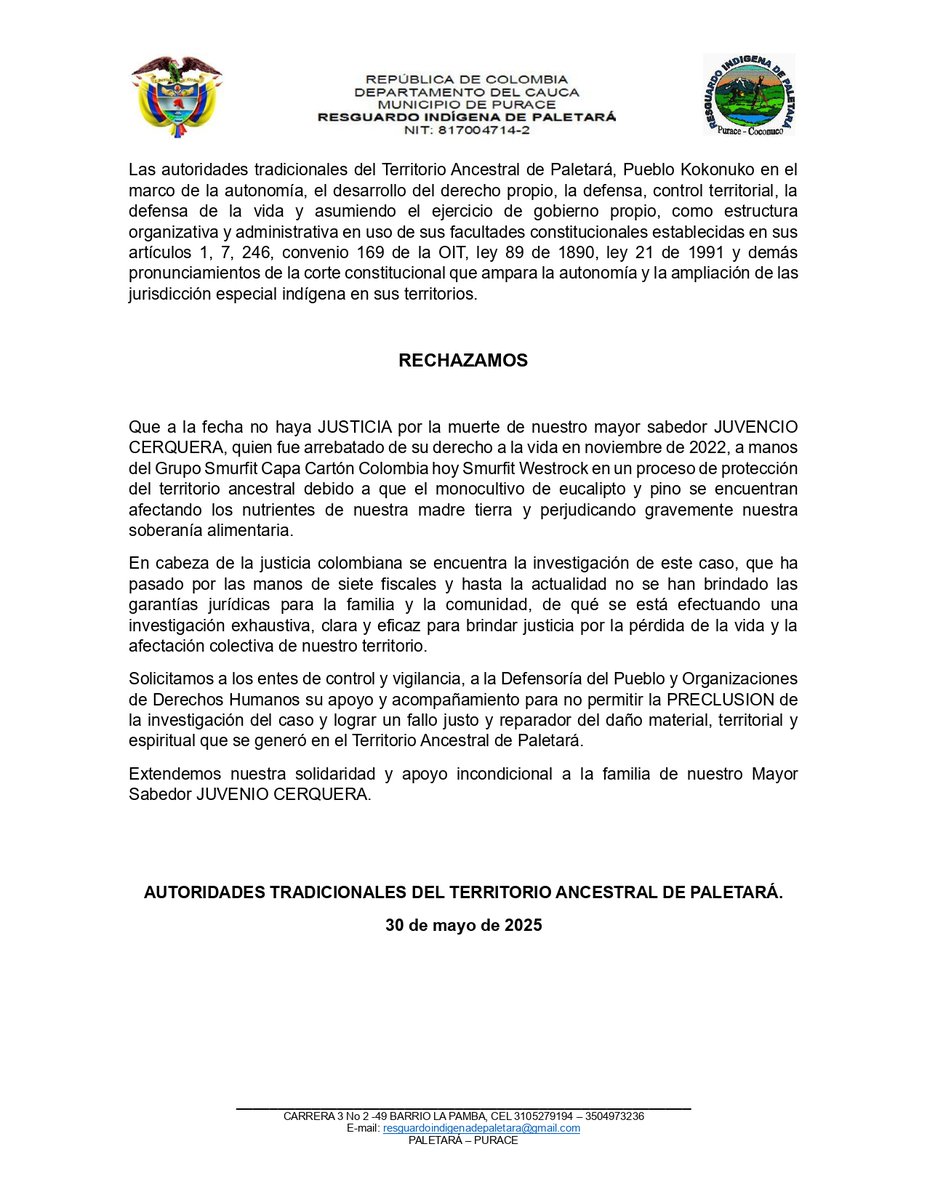 EXIGIMOS justicia para el Mayor Juvencio Cerquera. Su caso no puede quedar en la impunidad. #SmurfitCriminal <a href="/FiscaliaCol/">Fiscalía Colombia</a> <a href="/MinjusticiaCo/">MinJusticia Colombia</a> <a href="/Ccajar/">ColectivoDeAbogad@s</a> <a href="/MovNalAmbiental/">Movimiento Nacional 🇨🇴 Ambiental</a>