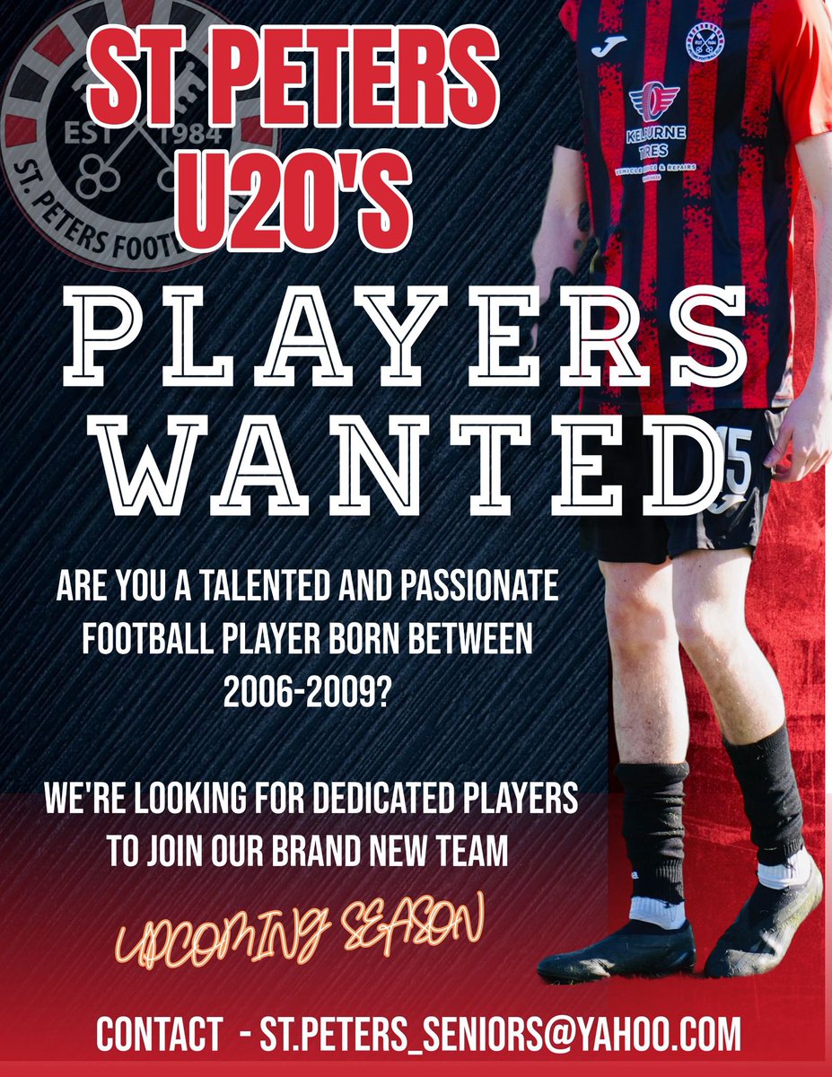 St Peters FC U20s Development Squad (@stpu20s) on Twitter photo Breaking news
We are delighted to confirm our under 20'development team will be back for season 25/26, for more information message the page direct or send an email to st.petersfc_seniors@yahoo.com Breaking news
We are delighted to confirm our under 20'development team will be back for season 25/26, for more information message the page direct or send an email to st.petersfc_seniors@yahoo.com