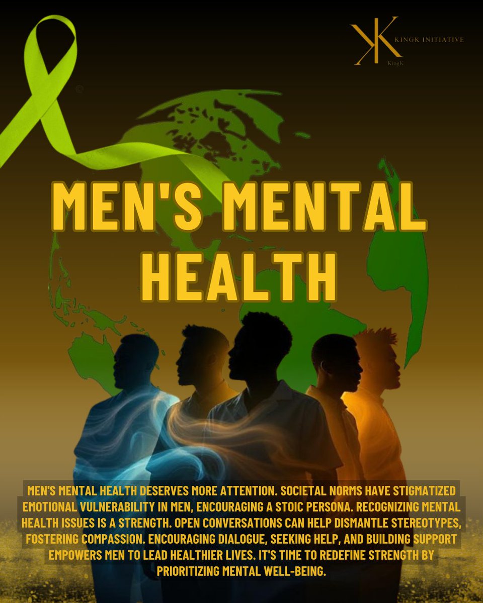 KingKInitiative's tweet image. June is Men's Health Month! Mental health is just as vital. Let's break the stigma: talking about feelings &amp;amp; seeking support is a sign of strength, not weakness. Your mental health matters!

#MensHealthMonth #MensMentalHealth #MenSupportMen #KingKInitiative  #UNSDG3 #SDG3