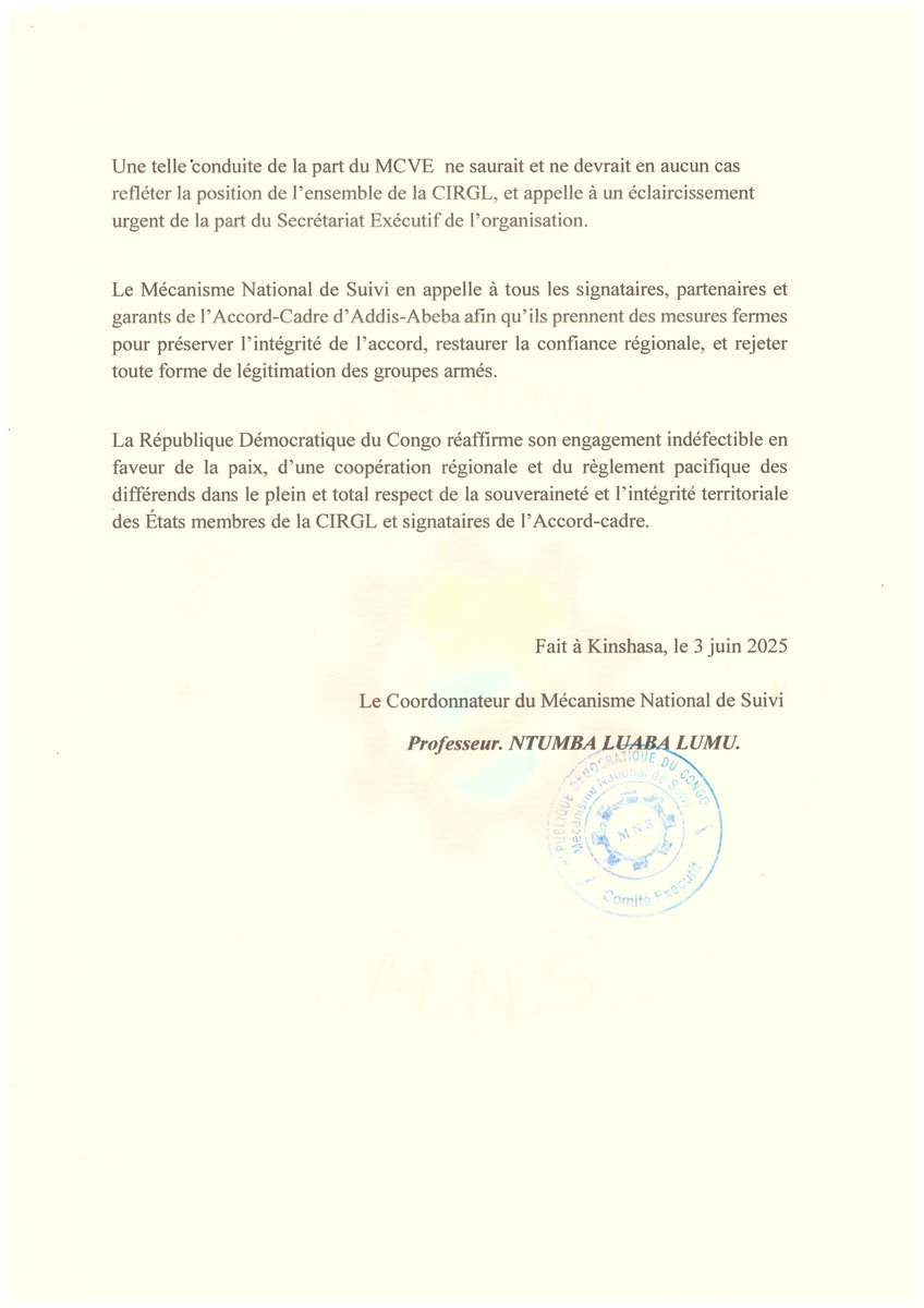 Déclaration officielle du Mécanisme National de Suivi de l'Accord-Cadre d'Addis-Abeba au sujet de la rencontre illégale entre des membres du MCVE et les mouvements rebelles à Goma.