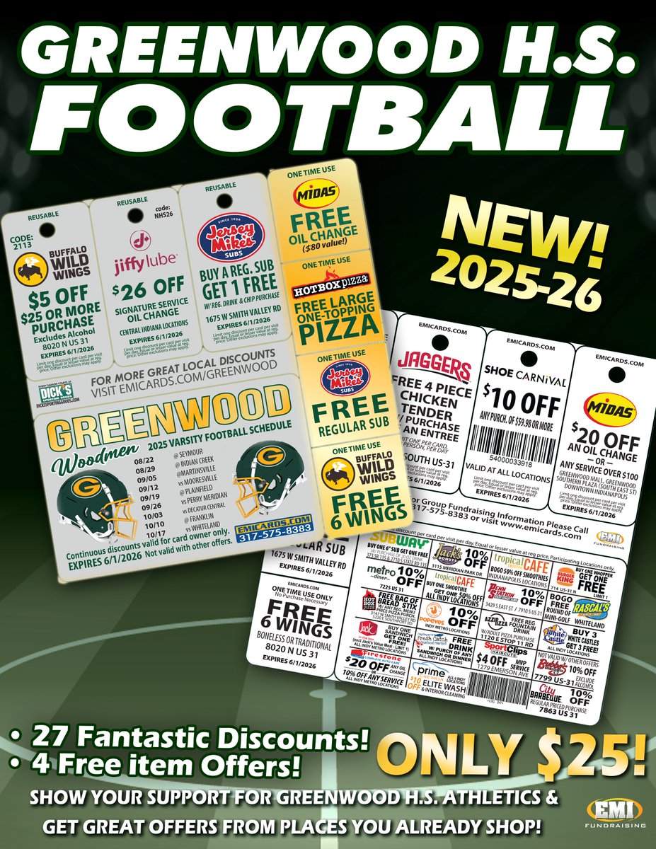Justin Boser (@coachboser) on Twitter photo Support <a href="/WoodmenFootball/">Woodmen Football</a> and Save Big by buying our 25/26 Discount Card. This Card is loaded. Save $26 every time you get an Oil Change at <a href="/jiffylube/">Jiffy Lube</a> or Buy one Get one sub <a href="/jerseymikes/">Jersey Mike's Subs</a> or Save big <a href="/BWWings/">Buffalo Wild Wings</a> <a href="/GHSWoodmen/">GHSWoodmen</a> <a href="/Gwoodathletics/">Greenwood Athletics</a> <a href="/GwoodMS/">Greenwood Middle School</a> Support <a href="/WoodmenFootball/">Woodmen Football</a> and Save Big by buying our 25/26 Discount Card. This Card is loaded. Save $26 every time you get an Oil Change at <a href="/jiffylube/">Jiffy Lube</a> or Buy one Get one sub <a href="/jerseymikes/">Jersey Mike's Subs</a> or Save big <a href="/BWWings/">Buffalo Wild Wings</a> <a href="/GHSWoodmen/">GHSWoodmen</a> <a href="/Gwoodathletics/">Greenwood Athletics</a> <a href="/GwoodMS/">Greenwood Middle School</a>
