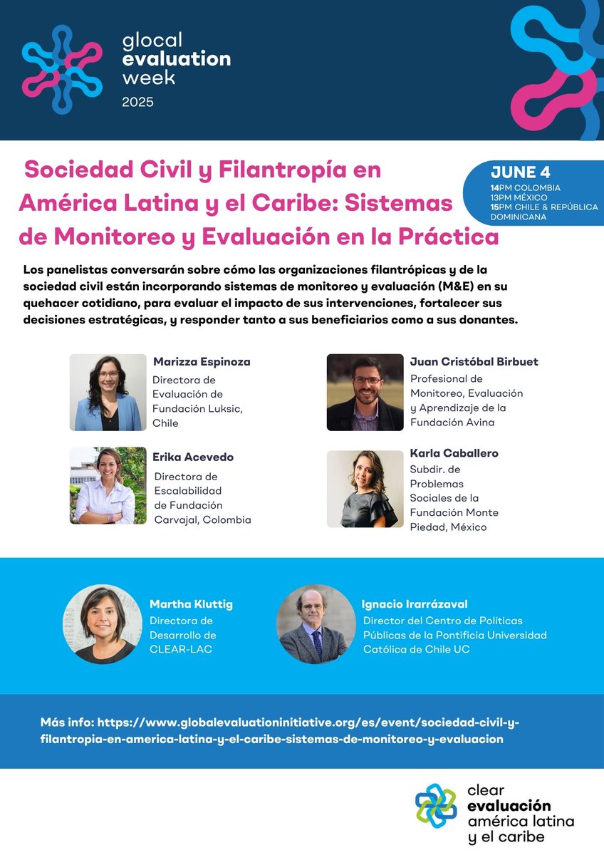 📢 ¡Este miércoles en la Semana de la evaluación #Glocal 2025! 

No te pierdas el webinar "Sociedad civil y filantropía en América Latina y el Caribe: sistemas de monitoreo y evaluación en la práctica".

¿Cómo están usando las fundaciones de Chile, México, Colombia y de alcance