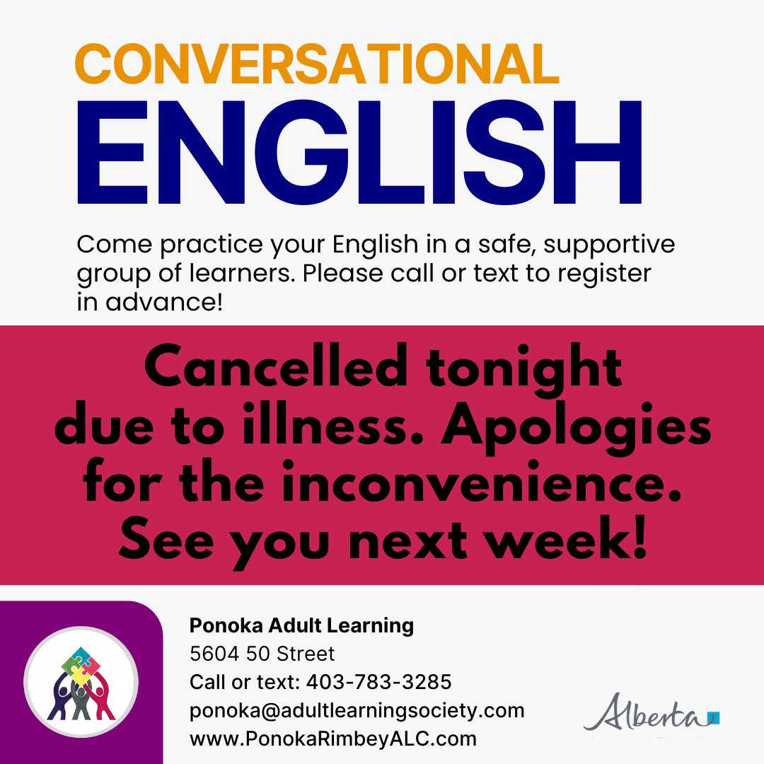PR_AdultLearn's tweet photo. Tonight's Conversation Cafe has been cancelled for June 3rd, 2025, due to instructor illness. We apologize for the inconvenience and wish our facilitator well in her recovery! We look forward to welcoming all of our English Language Learners back next Tuesday, June 10th. :) https://t.co/KxC1HyoP2D