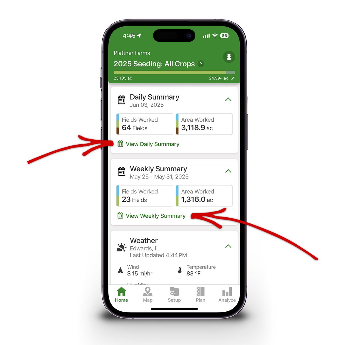 Kyle Plattner (@kyleplattner) on Twitter photo Don't forget about the Daily and Weekly Summary on the Home tab of <a href="/JohnDeere/">John Deere USA</a> Operations Center Mobile. It's the easiest way to get an at-a-glance view of everything that's happened across your operation recently. Don't forget about the Daily and Weekly Summary on the Home tab of <a href="/JohnDeere/">John Deere USA</a> Operations Center Mobile. It's the easiest way to get an at-a-glance view of everything that's happened across your operation recently.