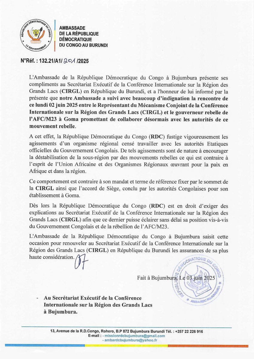 Note Verbale CIRGL Indignation du 03 juin 2025