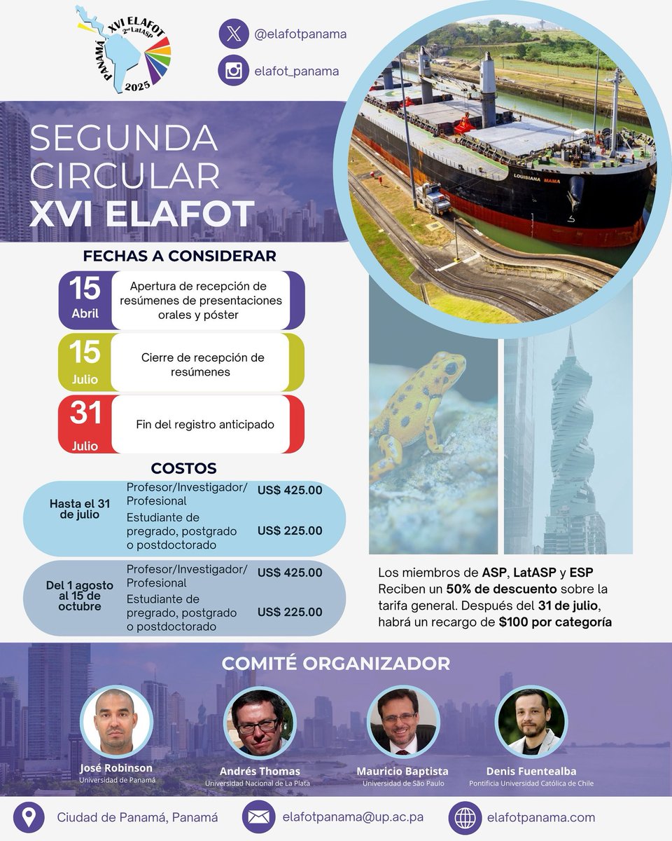 DIPOG_FQF (@dipog_fqf) on Twitter photo 📢 ¡Atención comunidad científica!
Ya está disponible la 2.ª circular del #ELAFOT2025 / 2.ª Reunión #LatASP 🔬
📍 Ciudad de Panamá
🗓️ 27–30 de octubre, 2025
📢 ¡Resúmenes hasta el 15 de julio!
🔗 Más info: <a href="/elafotpanama/">ElafotPanama</a>
#QuimicaUC #Elafot2025 #Dipog #UniversidadCatolica 📢 ¡Atención comunidad científica!
Ya está disponible la 2.ª circular del #ELAFOT2025 / 2.ª Reunión #LatASP 🔬
📍 Ciudad de Panamá
🗓️ 27–30 de octubre, 2025
📢 ¡Resúmenes hasta el 15 de julio!
🔗 Más info: <a href="/elafotpanama/">ElafotPanama</a>
#QuimicaUC #Elafot2025 #Dipog #UniversidadCatolica