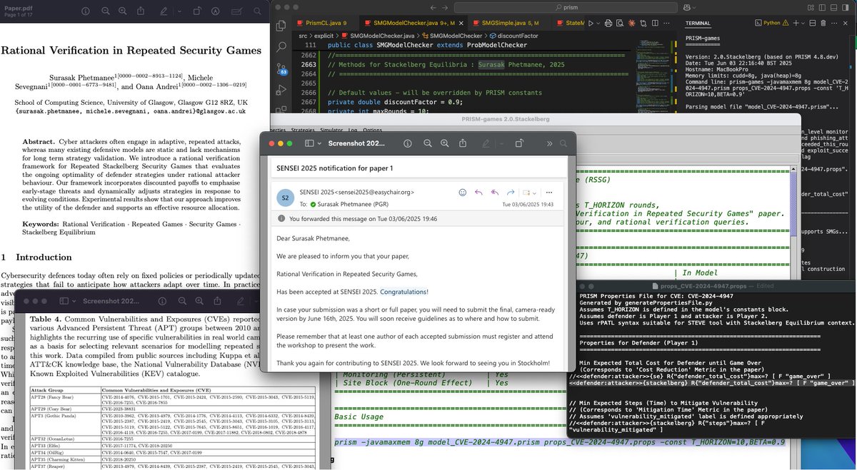 phsurasak's tweet photo. SENSEI Workshop @SAFECOMP2025 🎉
Sep 9, Stockholm

Key Contributions:
• 126 CVEs Dataset
• New rPATL for Stackelberg
• STEVE v2.0 Repeated Security Games

With thanks to @michele_seve @OanaMAndrei🙏 https://t.co/5DCfMGh0O2