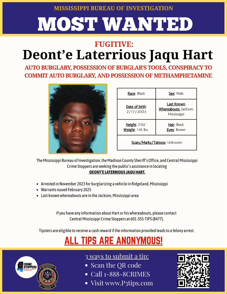 Have you seen Deont'e Hart?

He is wanted for auto burglary, possession of methamphetamine, possession of a burglar's tools &amp; conspiracy to commit auto burglary.

His last known whereabouts are in Jackson, MS!