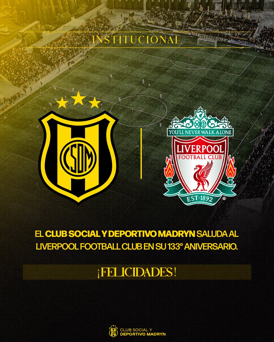 Club Social y Deportivo Madryn (@clubmadryn) on Twitter photo #RRPP #Aniversario 📅 | No queremos que termine el día sin antes saludar al último campeón de la <a href="/premierleague/">Premier League</a> al estar celebrando sus primeros 133 años de vida.
Happy Birthday <a href="/LFC/">Liverpool FC</a>!!! You will never walk alone 💪
#VamosAurinegro #RRPP #Aniversario 📅 | No queremos que termine el día sin antes saludar al último campeón de la <a href="/premierleague/">Premier League</a> al estar celebrando sus primeros 133 años de vida.
Happy Birthday <a href="/LFC/">Liverpool FC</a>!!! You will never walk alone 💪
#VamosAurinegro