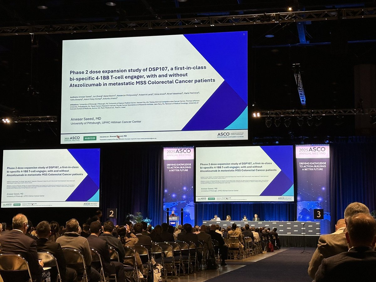 AnwaarSaeed3's tweet image. 😇 Honored to lead & present topline Ph 2 data for DSP107 +/- Atezolizumab in 3L MSS CRC #ASCO25:
🔹 Median OS: 17 months >> 60% improvement over SOC.
🔹 ~80% with liver metastases—the most challenging subset.
🔜 a randomized Phase 2b trial to advance this promising approach ✨