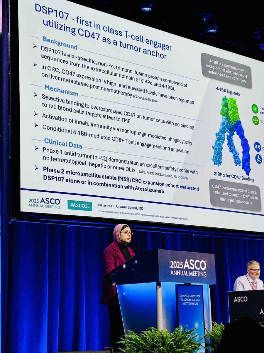 AnwaarSaeed3's tweet image. 😇 Honored to lead & present topline Ph 2 data for DSP107 +/- Atezolizumab in 3L MSS CRC #ASCO25:
🔹 Median OS: 17 months >> 60% improvement over SOC.
🔹 ~80% with liver metastases—the most challenging subset.
🔜 a randomized Phase 2b trial to advance this promising approach ✨