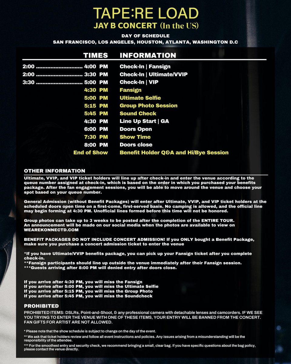 KonnectdEnt's tweet image. Please Save Your Concert Day Schedule!
If you purchased a Benefit Package, you can check in during the designated time listed above to receive your VIP badge and items.
Please note: Benefit Packages do not include concert admission. A separate concert ticket is required for…