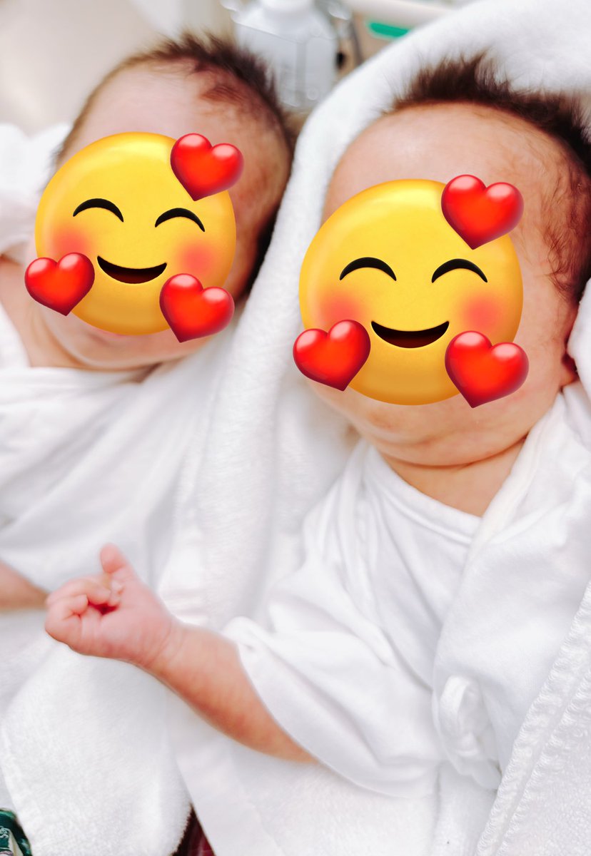 この前初めて、双子同士が隣に直に並ぶことができた…！お肌同士（？）もタッチできた🥹🤲

お腹の中でもお部屋は別だったけど、これからは存分に一緒にいられるよ🫶

髪を立てるのは令和の流行じゃないけど、また流行りが来るといいね🥹