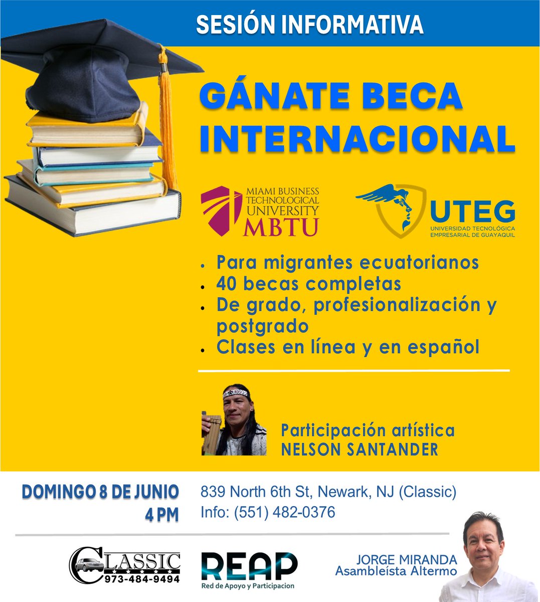 Si eres migrante ecuatoriano en EEUU, puedes ganarte una de 40 becas

* Becas completas
* De Miami Business Technological University y de la Universidad Tecnológica Empresarial de Guayaquil
* Para estudio de grado, profesionalización y postgrado
* Clases en línea y en español