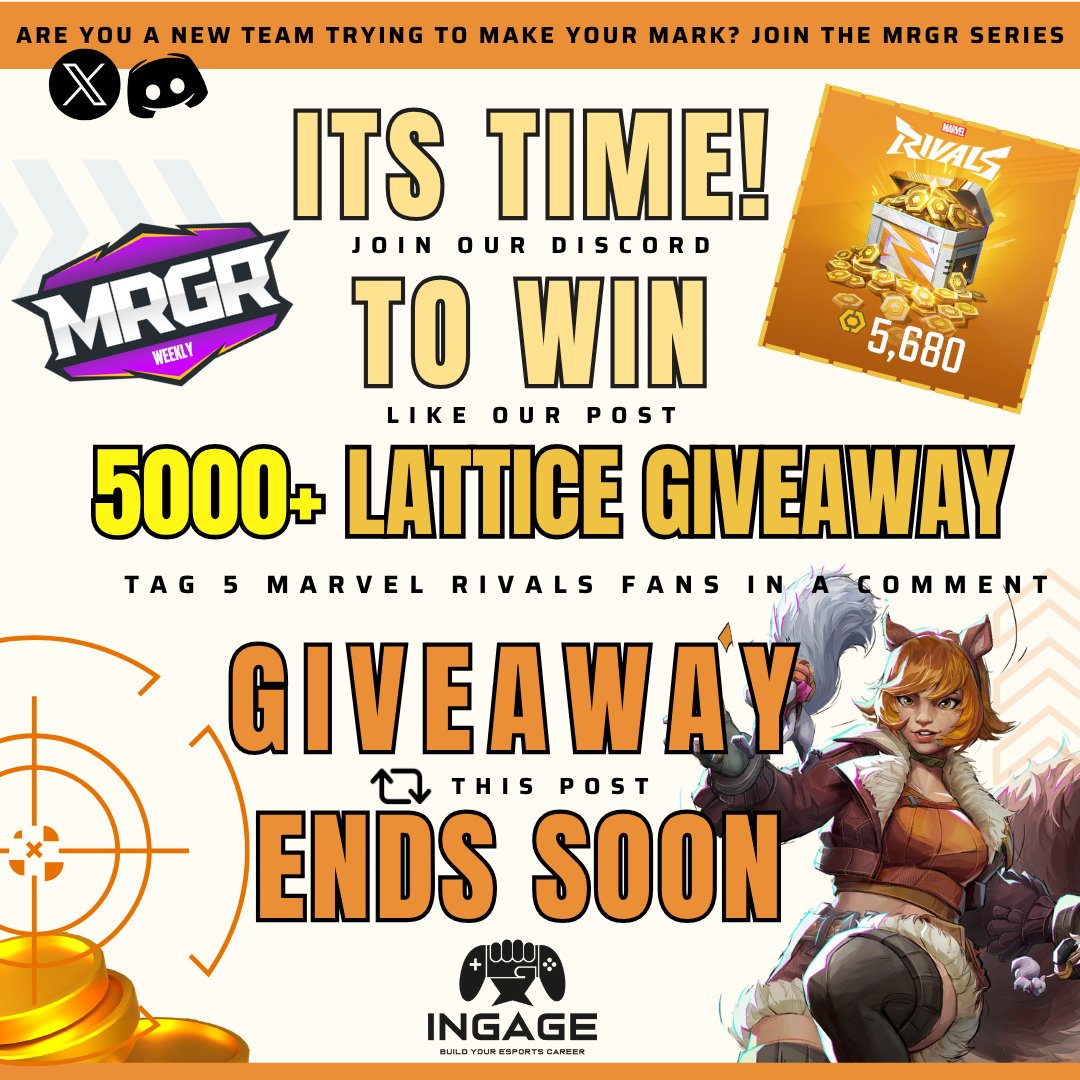 INGAGE By Z&CO (@ingagegg) on Twitter photo 🔥Marvel Rivals Lattice GIVEAWAY!🔥
🏆➡️5,680 #MarvelRivals Lattices
➡️To Enter the giveaway:
Step1⃣: Follow <a href="/INGAGEGG/">INGAGE By Z&CO</a>
Step2⃣: Join our Discord Server - discord.gg/Q2rgfuw4
Step3⃣: Like and Retweet this Post
Step4⃣: Tag 5 Marvel Rivals Fans in Comments
Giveaway ends on 🔥Marvel Rivals Lattice GIVEAWAY!🔥
🏆➡️5,680 #MarvelRivals Lattices
➡️To Enter the giveaway:
Step1⃣: Follow <a href="/INGAGEGG/">INGAGE By Z&CO</a>
Step2⃣: Join our Discord Server - discord.gg/Q2rgfuw4
Step3⃣: Like and Retweet this Post
Step4⃣: Tag 5 Marvel Rivals Fans in Comments
Giveaway ends on