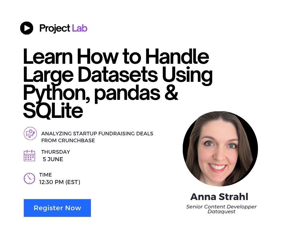 Learn how data analysts uncover startup investment trends using real-world Crunchbase data! In this Project Lab session on June 5 at 12:30 PM ET, you'll explore funding rounds and investor behavior using Python, pandas, and SQLite.

👉 Register now: buff.ly/CjztZNQ