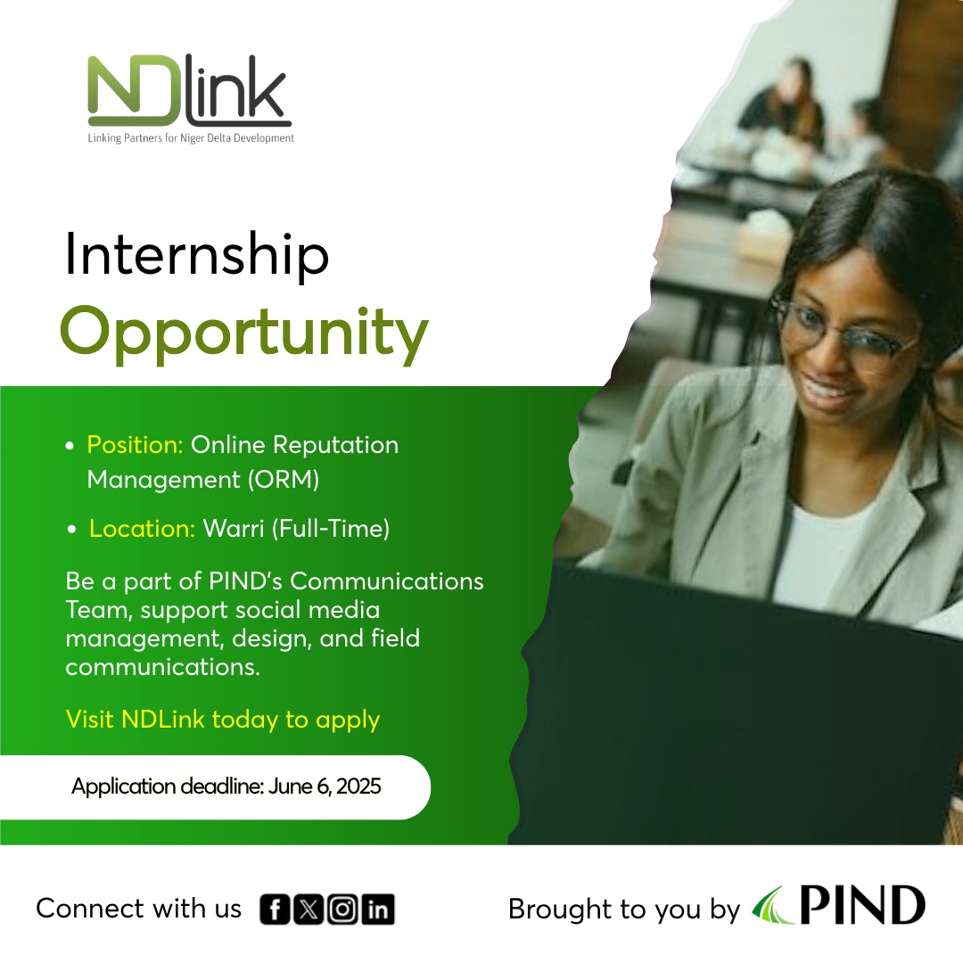 _NDLink's tweet photo. Are you a recent graduate looking to build a career in digital communications? 

Apply for PIND’s 1-year full-time internship in Online Reputation Management and grow your skills while supporting impact in the Niger Delta.

Apply here:https://t.co/GY5VNT50BA

#Hiring
#NigerDelta https://t.co/ZwnEG7faeP