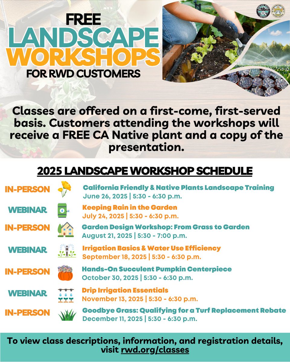 📣Rowland Water District is excited to offer our customers free landscape workshops beginning June 26, 2025.

🪴We are proud to provide these educational classes at no cost to our customers. Space is limited, so be sure to register early! To view workshop details and sign up,