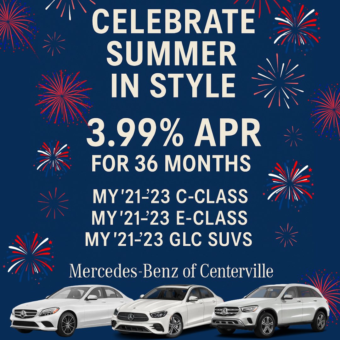 MBofCenterville's tweet image. 🎇 Celebrate summer in style! Now through June 30, get 3.99% APR for 36 months on select MY '21–'23 C-Class, E-Class &amp;amp; GLC SUVs.

Luxury, certified. Performance, guaranteed. Only at Mercedes-Benz of Centerville. ➡️ow.ly/JujU50W3vQs 

#CPOSeason #MercedesBenz #SummerDrive
