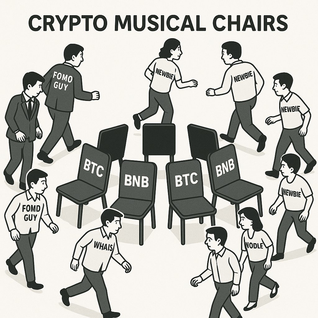 🔵 Crypto Musical Chairs 🎵💺

In the fast-paced world of crypto, it's a game of timing and luck just like musical chairs.
 
🔷 Traders like the Whale, Newbie, Hodler, and FOMO Guy circle around ever changing projects like BTC, BNB , and X . 

🔷  Some chairs (projects)