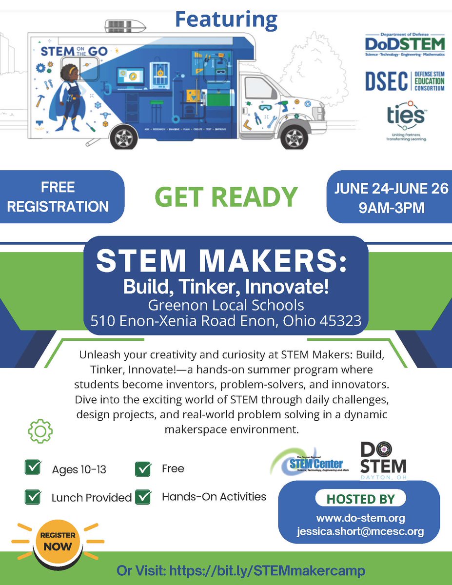 Calling all young innovators ages 10–13! 
Join us this summer for STEM Makers: Build, Tinker, Innovate! — a FREE, hands-on STEM experience open to students from anywhere! 
-Lunch provided
-Daily challenges + real-world problem solving
Register: bit.ly/STEMmakercamp