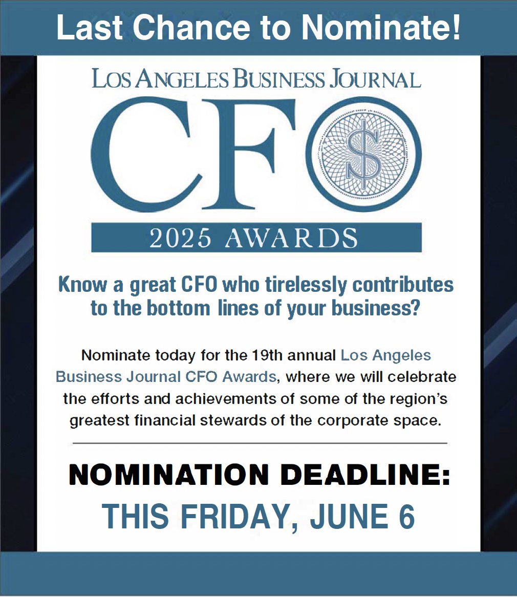 LAST CHANCE TO NOMINATE!
Nominate here: labusinessjournal.com/events/cfoawar…

The annual CFO Awards are back — and we’re looking for outstanding finance leaders making a difference in L.A. County.

Submit your nomination today and help us celebrate excellence in finance!
