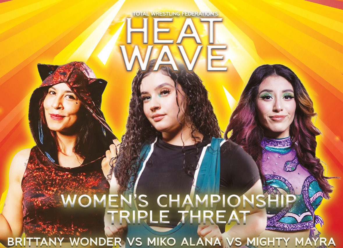 Total Wrestling Federation (@twfwrestling) on Twitter photo MATCH ANNOUNCEMENT: It could be the most show-stealing 3-Way Title Match in TWF history. Get your tix! <a href="/BrittanyWonder/">Brittany Wonder</a> <a href="/mikoxalana/">Miko Alana</a> <a href="/Mighty1Mayra/">Mayra</a>
TWFHeatWaveâ25
live pro wrestling
Sat July 19
VFW Hall
580 Moffat Blvd
Manteca, CA
7pm
All ages
Tix:link/door eventbrite.com/e/twf-heat-wav⌠MATCH ANNOUNCEMENT: It could be the most show-stealing 3-Way Title Match in TWF history. Get your tix! <a href="/BrittanyWonder/">Brittany Wonder</a> <a href="/mikoxalana/">Miko Alana</a> <a href="/Mighty1Mayra/">Mayra</a>
TWFHeatWaveâ25
live pro wrestling
Sat July 19
VFW Hall
580 Moffat Blvd
Manteca, CA
7pm
All ages
Tix:link/door eventbrite.com/e/twf-heat-wavâŚ