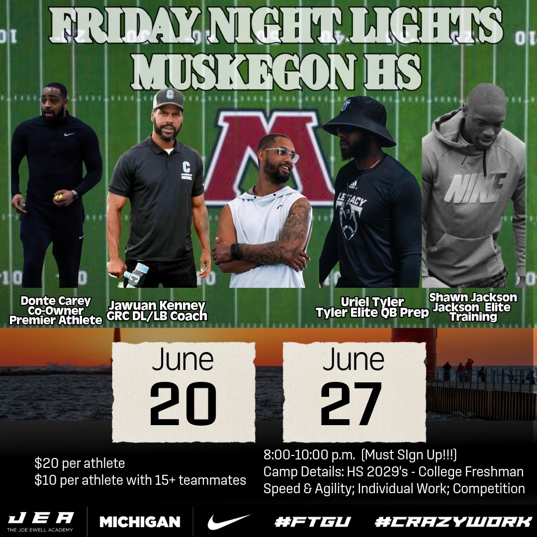 CoachCarsonWR's tweet image. We’re back!!!

Friday Night Lights in Muskegon with a full O and D Skill staff!! Excited to work with some of the best in West Michigan!! Sign up below for June 20th’s Camp!

app.thejeacademy.com/?form=d202d731…

#CrazyWork