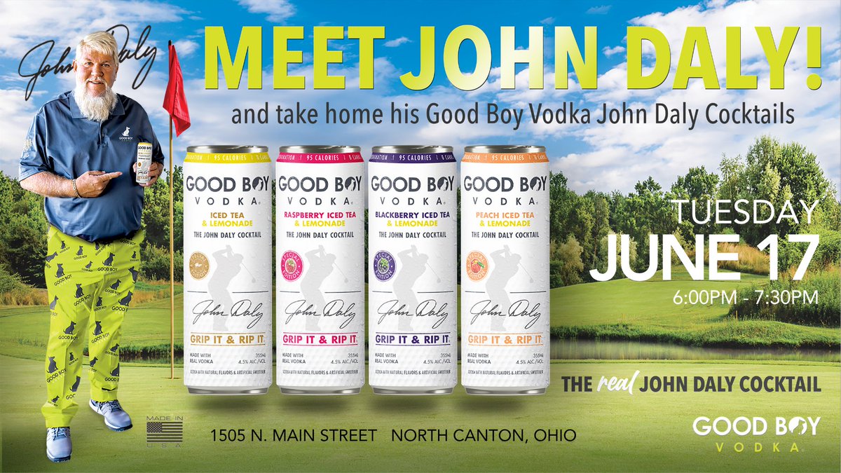 Meet John Daly in two weeks in North Canton, Ohio! 🏌️‍♂️🍹

Join us on Tuesday, June 17th from 6:00-7:30 PM for an exclusive meet &amp; greet with golf legend John Daly!

🔥 Get a signed pack of his signature John Daly Cocktails
📸 Meet John and snap a photo

#21+