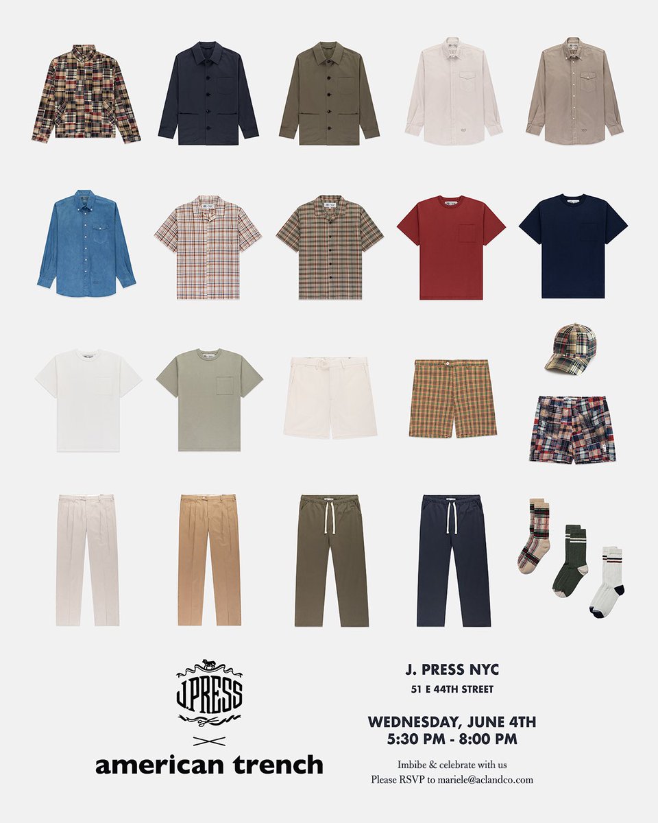 JPRESS_1902's tweet image. Join us tomorrow, Wednesday, June 4th, at the J. Press flagship in New York to celebrate the launch of a new summer collaboration with American Trench — Partners in Craft